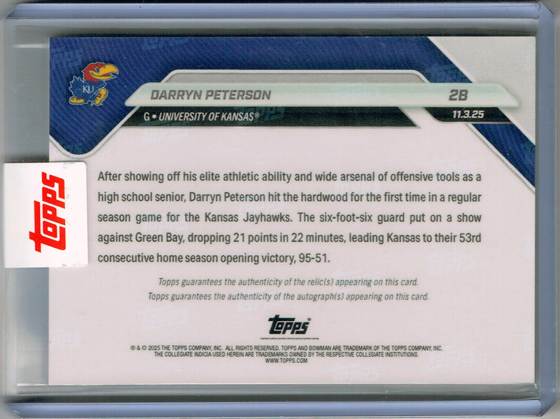 Mint Darryn Peterson 2025 Bowman University Now #28 Black Ball Relic On Card Auto #1 of 10 Rookie Card Kansas Jayhawks