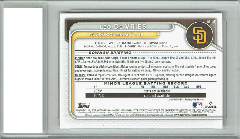 Certified Mint+ Leo De Vries 2024 Bowman #BD-116 Rookie Card Oakland Athletics