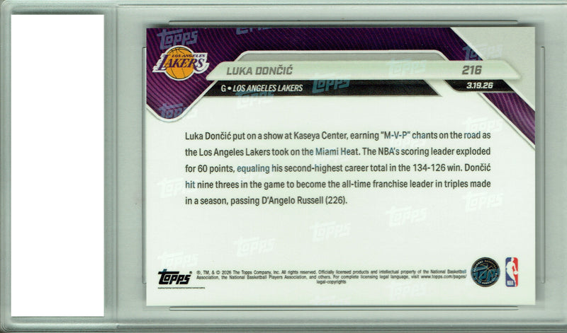 Luka Doncic 2026 Topps Now #216 60 pt. Masterclass Lakers Card PGI 10