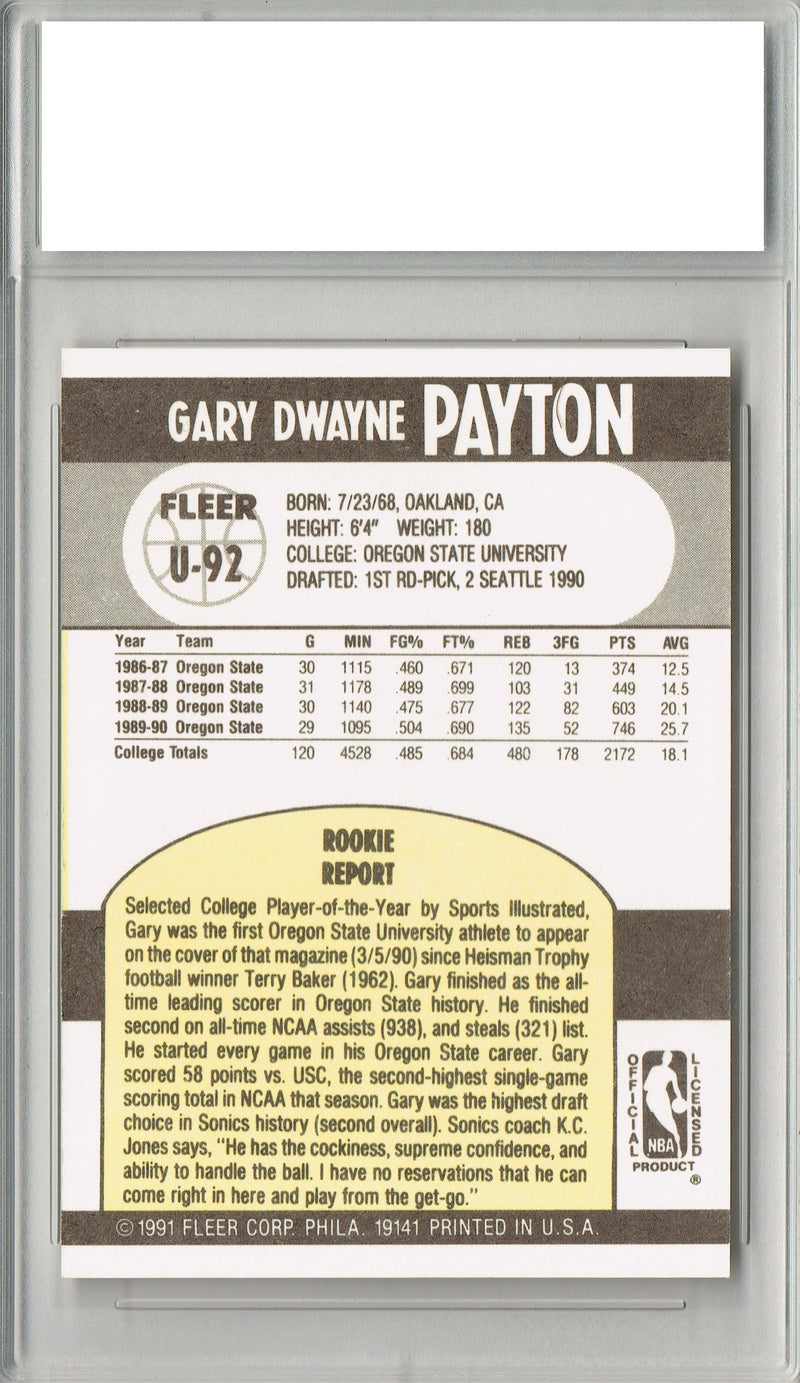 Certified Mint+ Gary Payton 1990 Fleer #U-92 Hall of Fame Rookie Card Seattle Supersonics