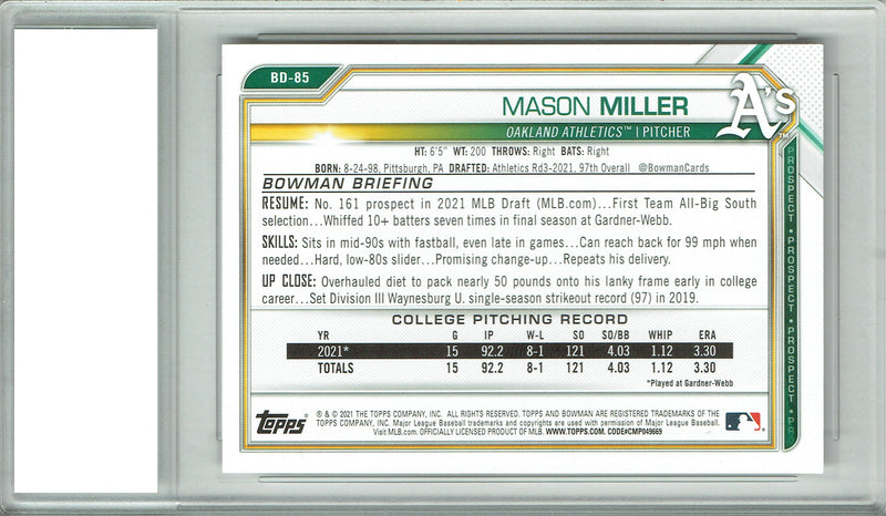 Certified Mint+ Mason Miller 2021 Bowman #BD-85 1st Rookie Card Oakland Athletics