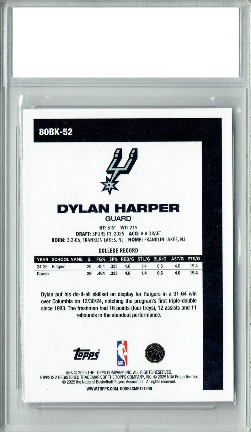 Certified Mint+ Dylan Harper 2025 Topps #80BK-52 45th Anniversary Foil Rookie Card San Antonio Spurs
