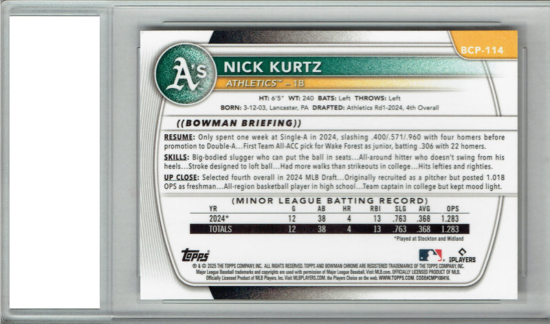 Nick Kurtz 2025 Bowman Chrome #BCP114 Rookie Card PGI 10