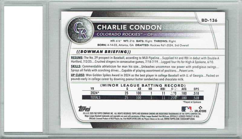 Certified Mint+ Charlie Condon 2025 Bowman Draft #BD-136 Rookie Card Colorado Rockies