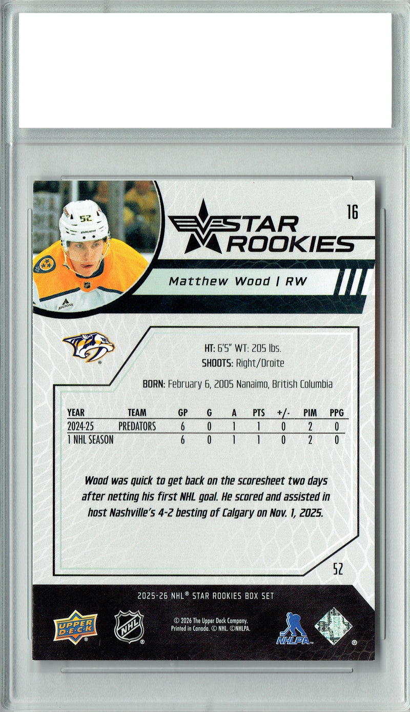 Certified Mint+ Matthew Wood 2025 U.D. Star Rookies #16 Special Collection Rookie Card Nashville Predators