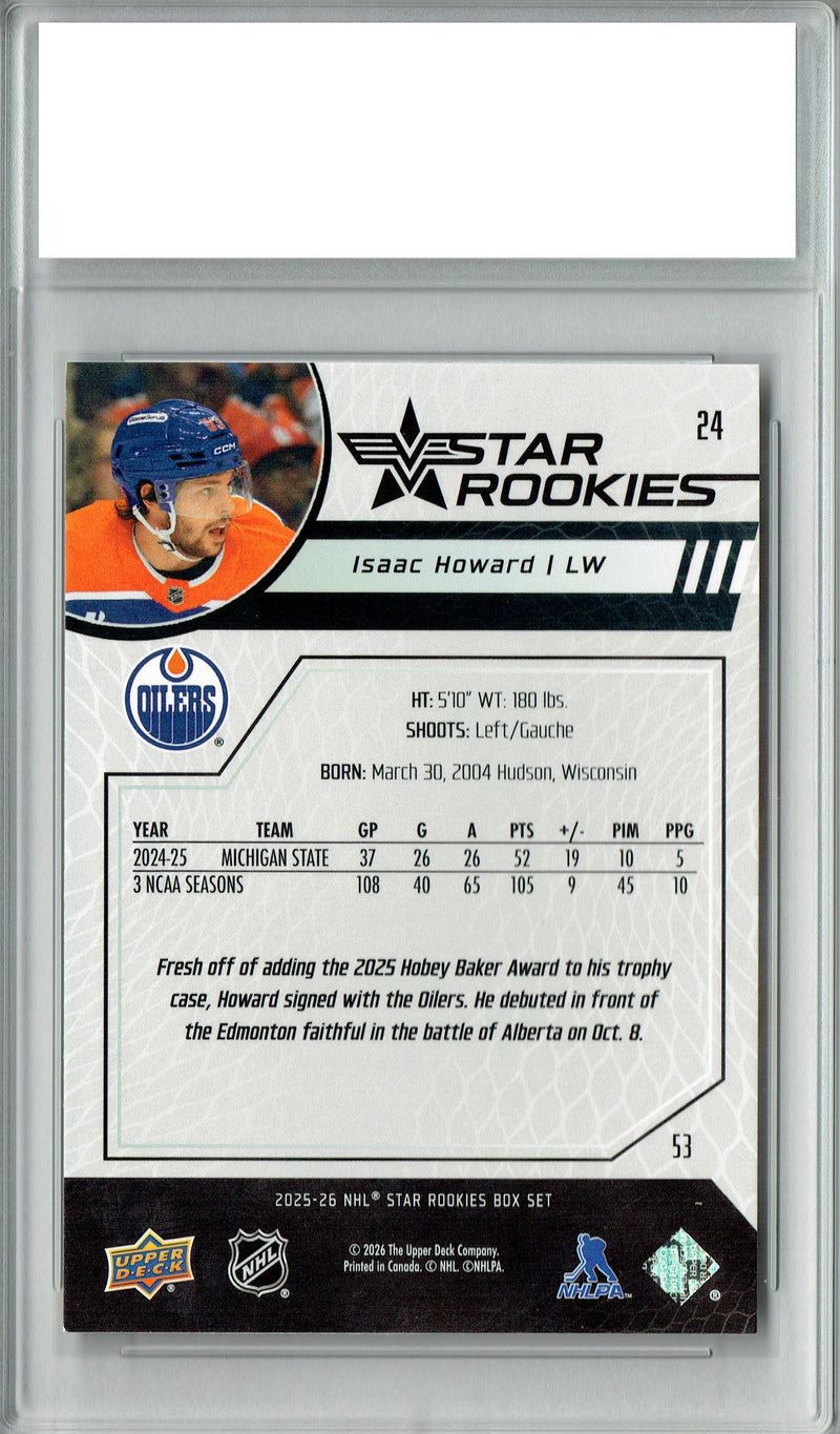 Certified Mint+ Isaac Howard 2025 U.D. Star Rookies #24 Special Collection Rookie Card Edmonton Oilers