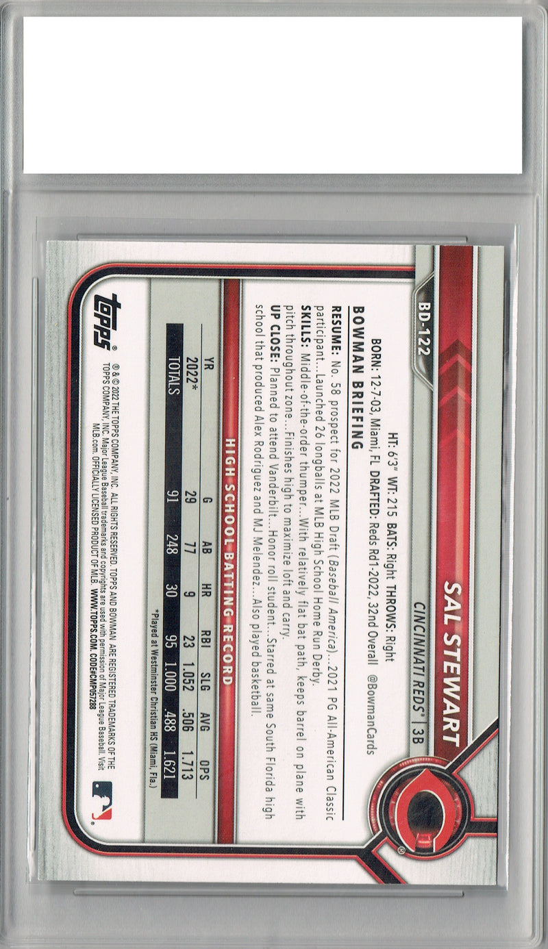 Certified Mint+ Sal Stewart 2022 Bowman #BD-122 Rookie Card Cincinnati Reds