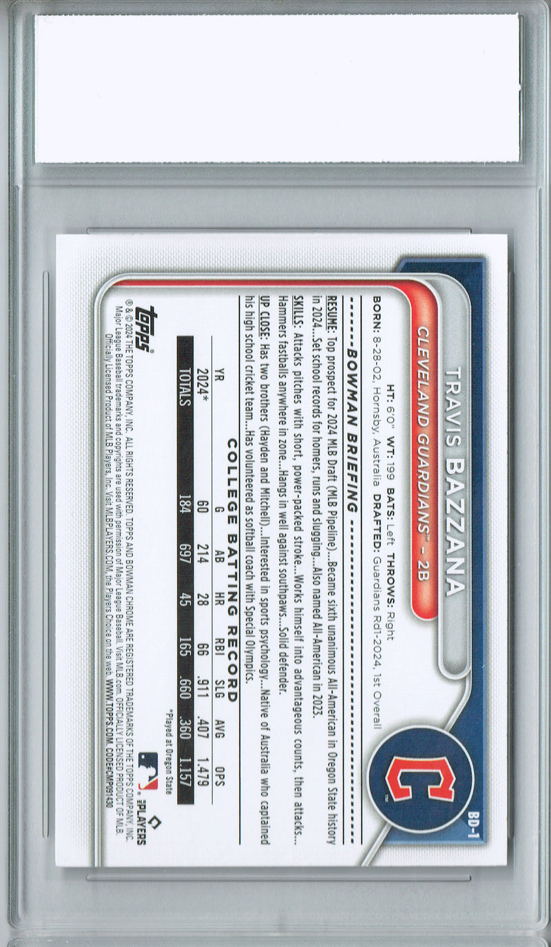 Certified Mint+ Travis Bazzana 2024 1st Bowman Draft #BD-1 Rookie Card Cleveland Guardians