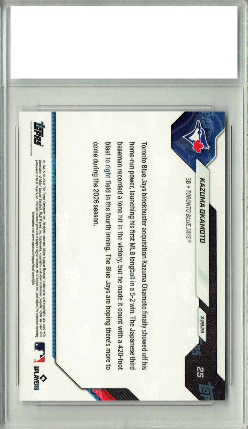 Certified Mint+ Kazuma Okamoto 2026 Topps Now #25 1st MLB Home Run Rookie Card Toronto Blue Jays
