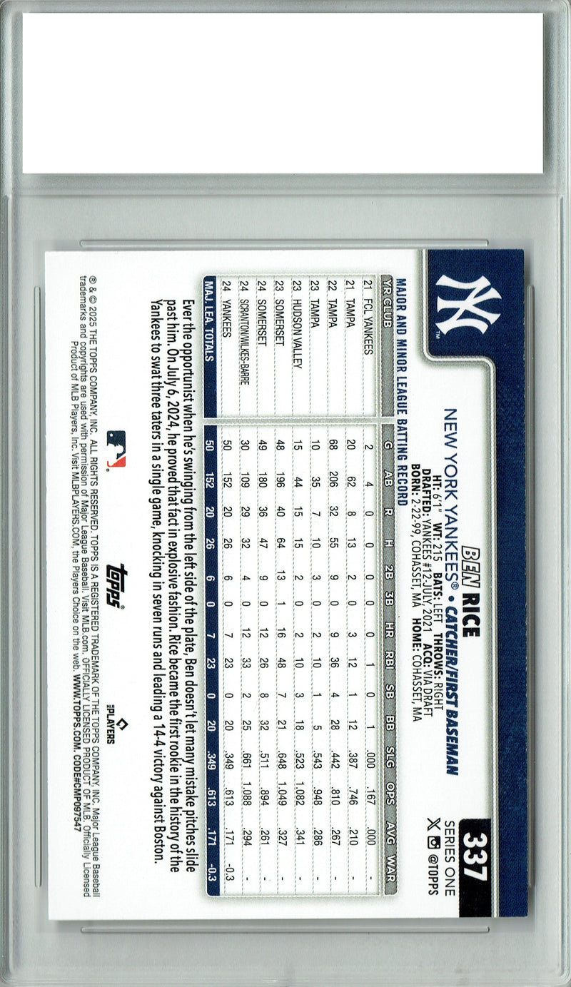 Ben Rice 2025 Topps #337 Rookie Card PGI 10