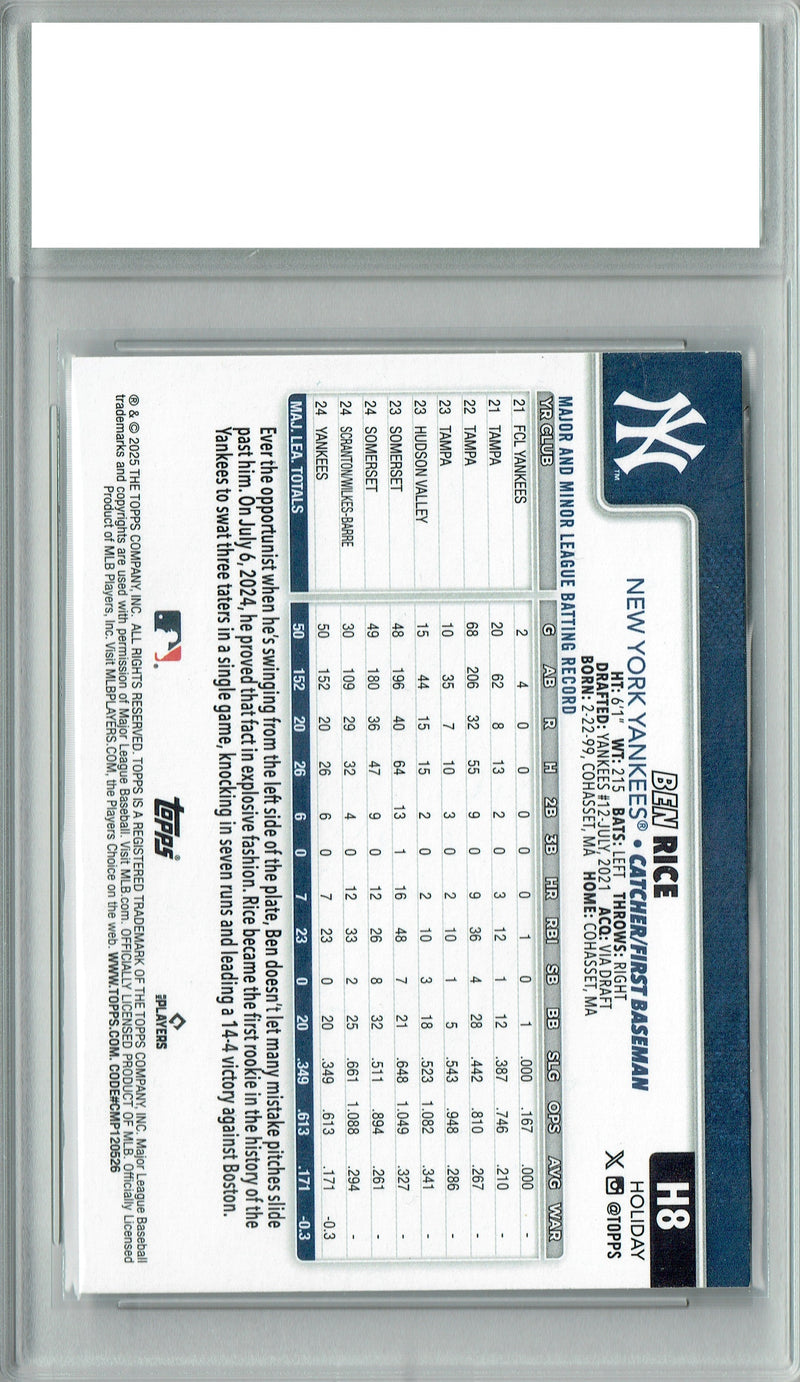 Certified Mint+ Ben Rice 2025 Topps #H8 Holiday SP Rookie Card New York Yankees