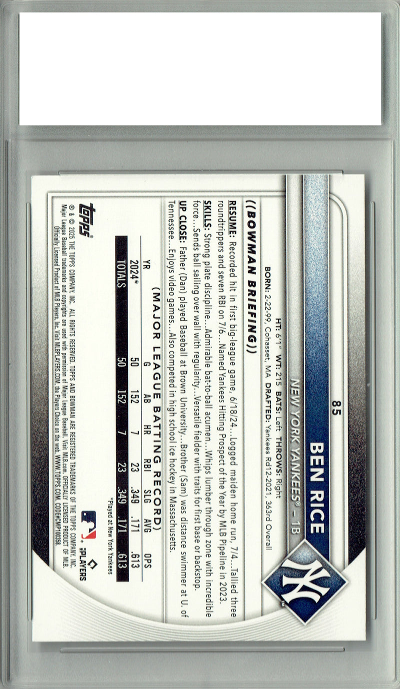 Ben Rice 2025 Bowman #85 Rookie Card PGI 10