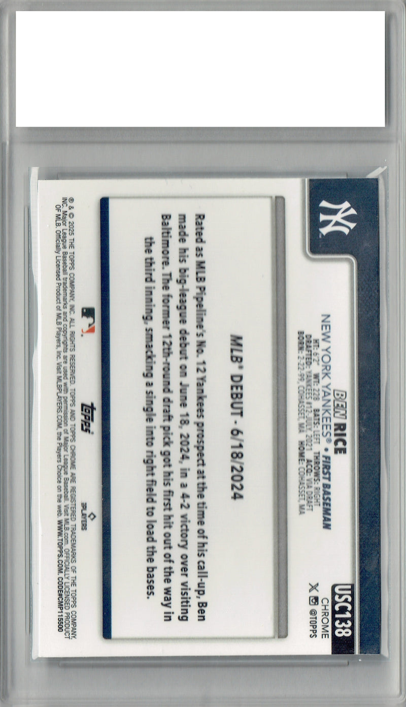 Ben Rice 2025 Topps Chrome #USC138 Rookie Card PGI 10