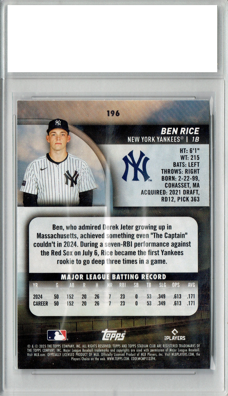 Ben Rice 2025 Stadium Club #196 Rookie Card PGI 10