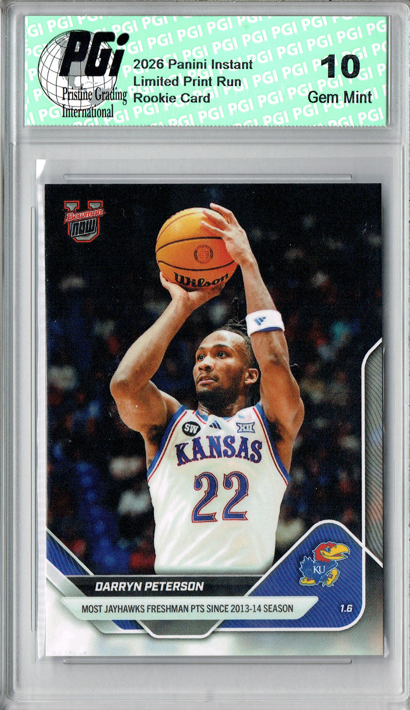 Darryn Peterson 2025 Bowman University Now #47 Most Jayhawks Fr. Pts Rookie Card PGI 10