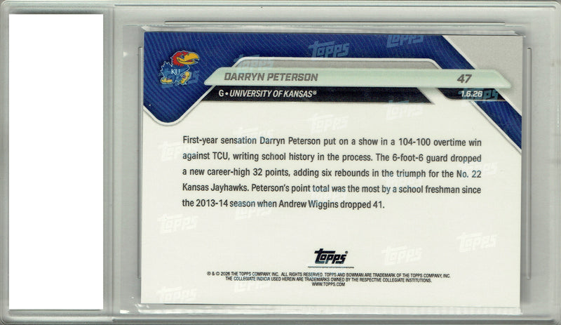 Darryn Peterson 2025 Bowman University Now #47 Most Jayhawks Fr. Pts Rookie Card PGI 10