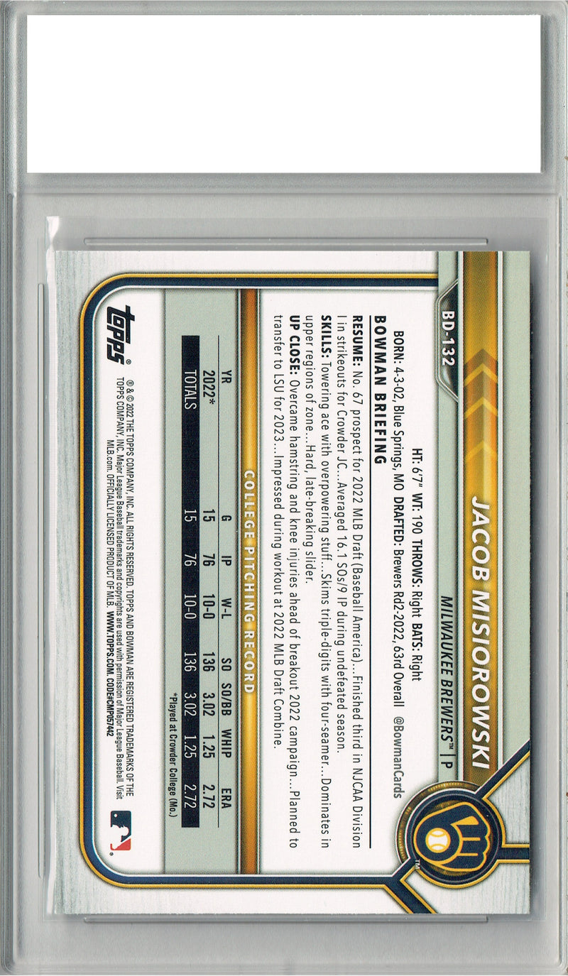 Jacob Misiorowski 2022 Bowman #BD132 1st Bowman Rookie Card PGI 10