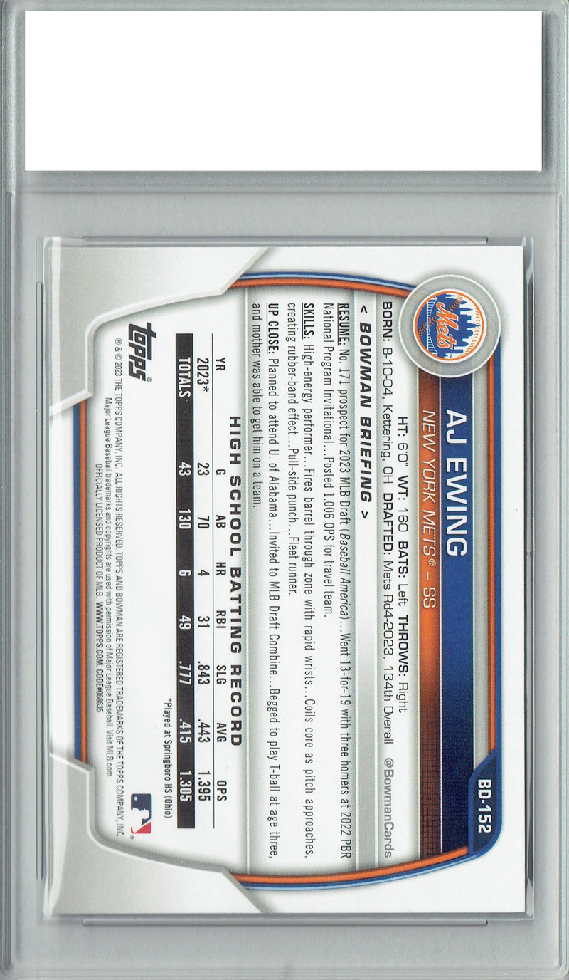 A.J. Ewing 2023 Rookie Card Bowman #BD-152 1st Bowman NY Mets Baseball Trading Card PGI 10 Gem Mint Graded