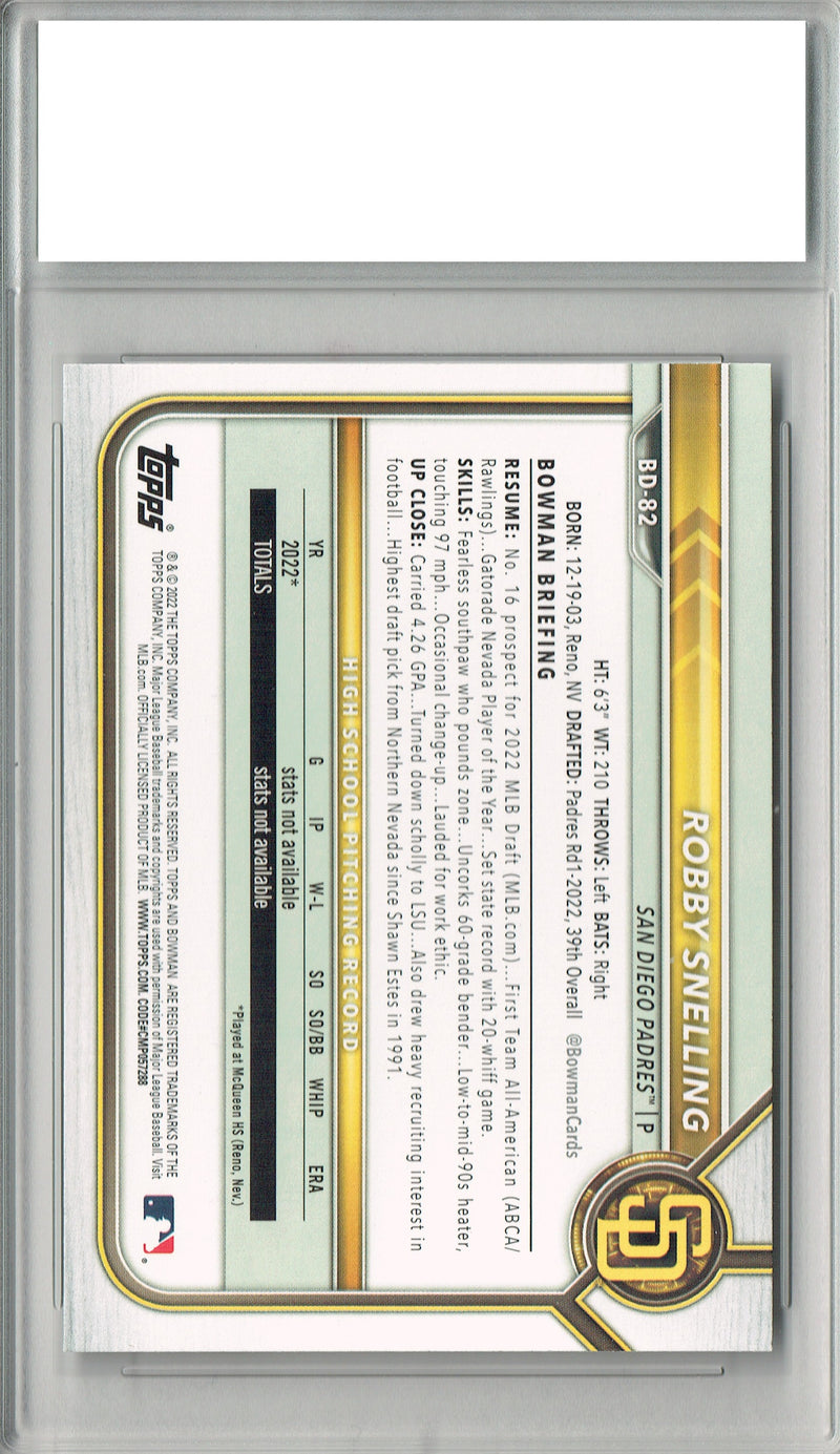 Robby Snelling 2022 Rookie Card Bowman #BD-82 PGI Graded Gem Mint 10 SD Padres Baseball Trading Card