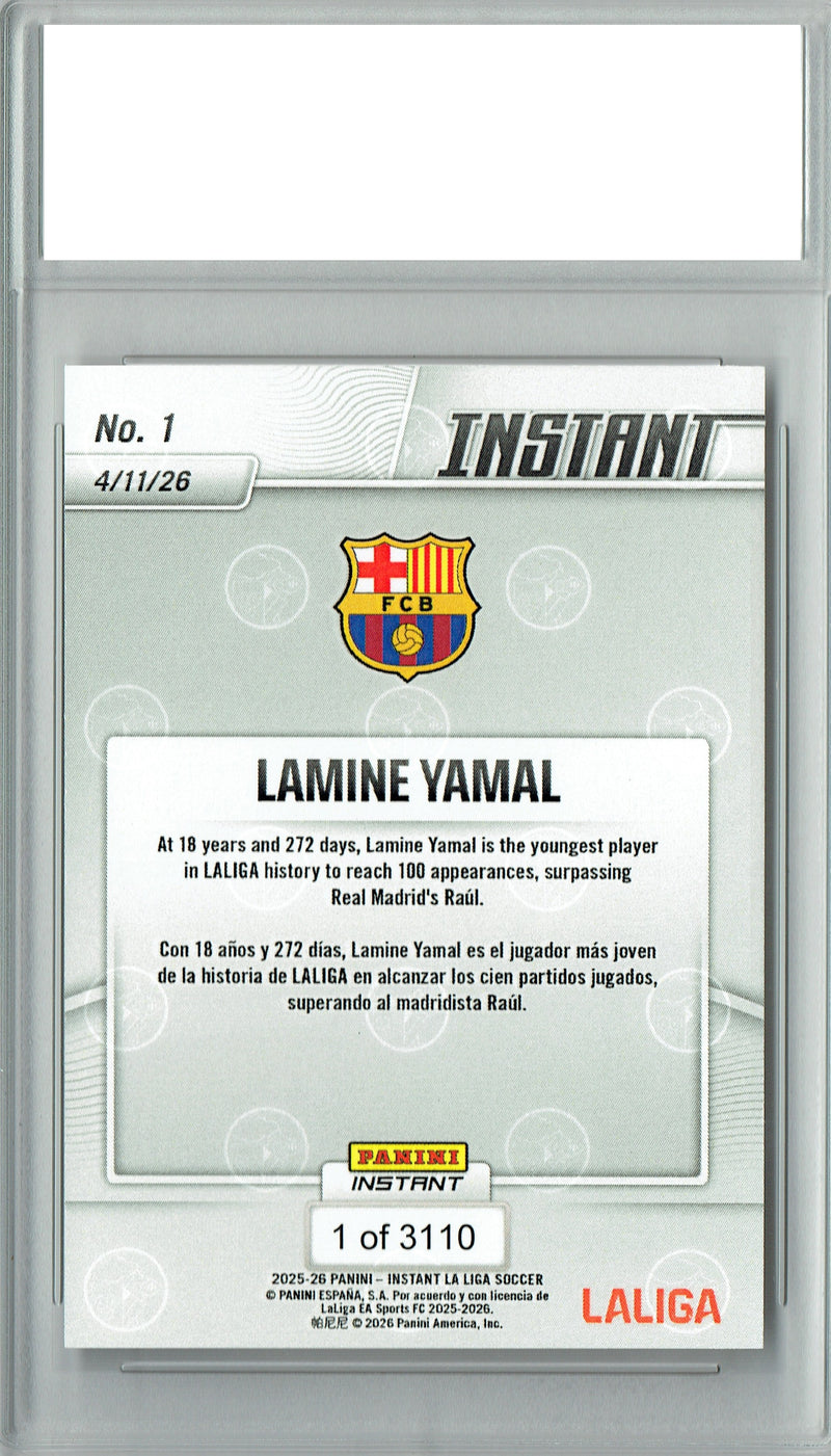 Lamine Yamal Trading Card Graded 2026 La Liga Instant #1 Only 3110 Made Barcelona FC Soccer PGI 10 Gem Mint