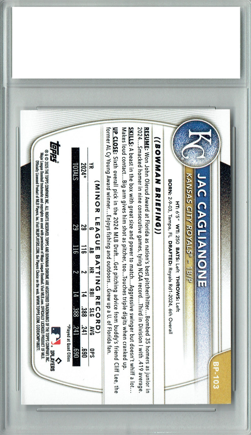Jac Caglianone Rookie Card 2025 Bowman #BP-103 Kansas City Royals Baseball Trading Card PGI 10 Gem Mint
