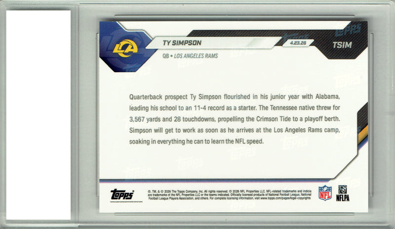 Ty Simpson Rookie Card Los Angeles Rams Football Trading Card Topps Now #TSIM 2026 13th Overall Draft Pick Certified Mint+