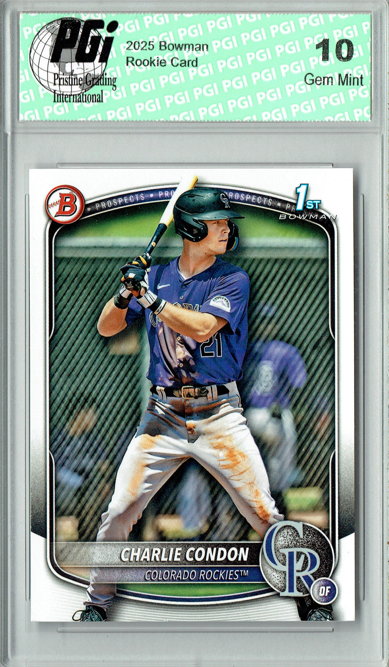 Charlie Condon Rookie Card Colorado Rockies Baseball Trading Card 2025 Bowman #BP-75 PGI 10 Gem Mint 1st Bowman