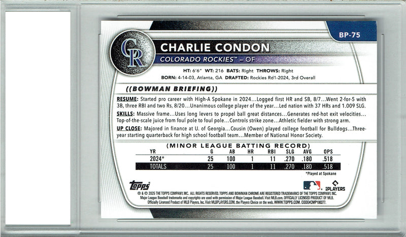 Charlie Condon Rookie Card Colorado Rockies Baseball Trading Card 2025 Bowman #BP-75 PGI 10 Gem Mint 1st Bowman