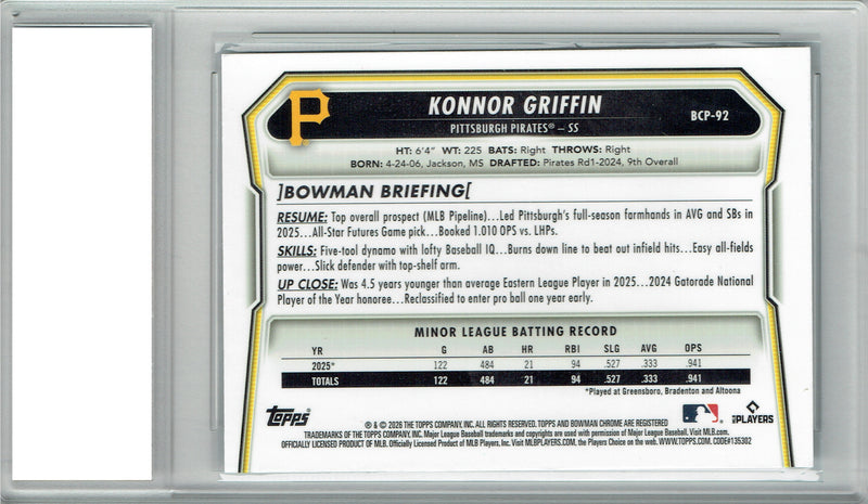 Konnor Griffin Rookie Card Pittsburgh Pirates Baseball Trading Card 2026 Bowman Chrome #BCP-92 Certified Mint+