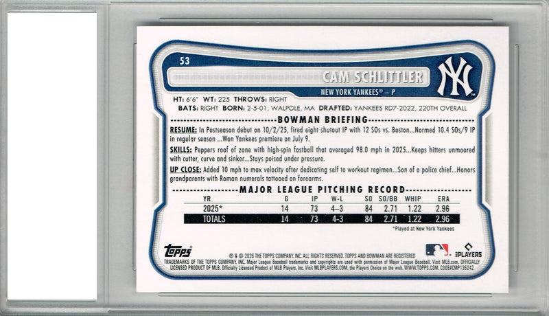 Cam Schlittler Rookie Card New York Yankees Baseball Trading Card 2026 Bowman #53 PGI 10 Gem Mint