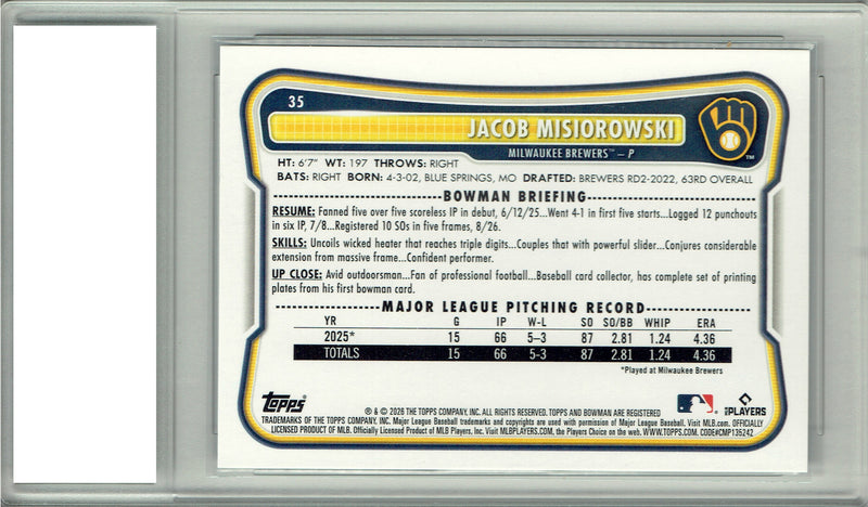 Jacob Misiorowski Rookie Card Milwaukee Brewers Baseball Trading Card 2026 Bowman #35 Certified Mint+
