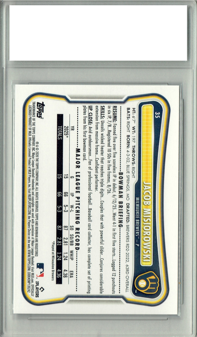 Jacob Misiorowski 2026 Topps #10 & 2026 Bowman #35 Rookie Card 2-Pack, Grade PGI 10, Milwaukee Brewers Rookie Phenom