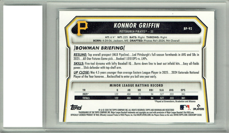 Konnor Griffin Rookie Card Pittsburgh Pirates Baseball Trading Card 2026 Bowman #BP-92 PGI 10 Gem Mint