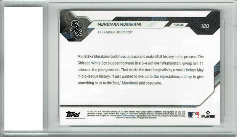 Munetaka Murakami Rookie Card Chicago White Sox Baseball Trading Card 2026 Topps Now #120 Certified Mint+
