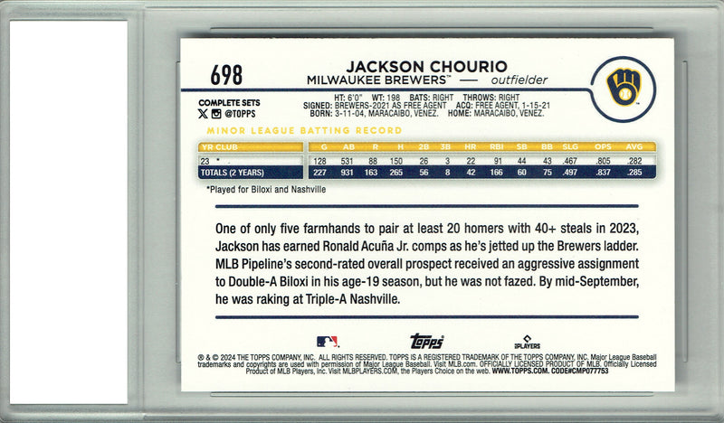 Jackson Chourio Rookie Card Milwaukee Brewers Baseball Trading Card 2024 Topps #698 PGI 10 Gem Mint