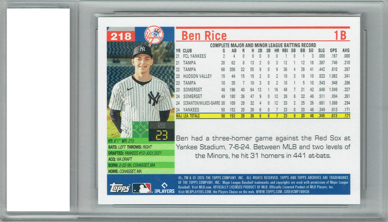 Ben Rice Rookie Card New York Yankees Baseball Trading Card 2025 Topps #218 PGI 10 Gem Mint