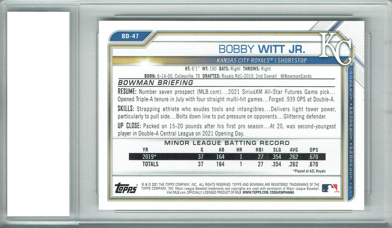 Bobby Witt Jr. Rookie Card Kansas City Royals Baseball Trading Card 2021 Bowman #BD-47 PGI 10 Gem Mint