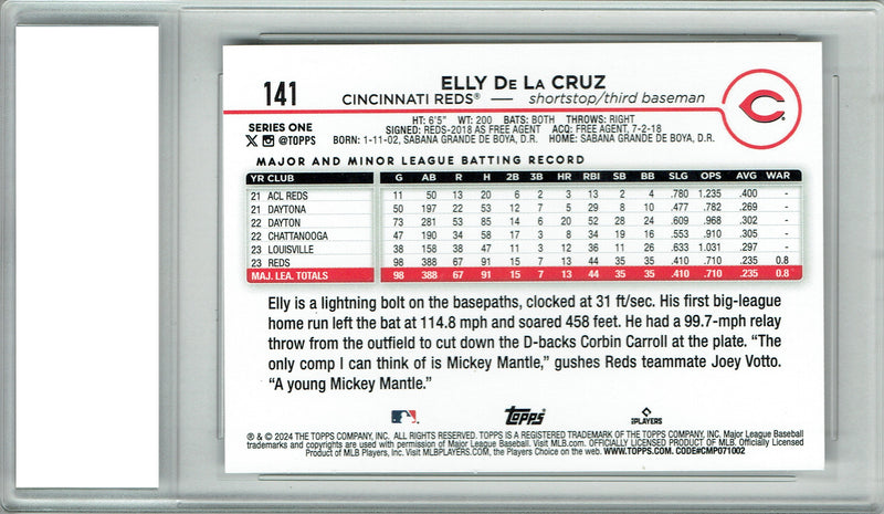 Elly De La Cruz Rookie Card Cincinnati Reds Baseball Trading Card 2024 Topps #141 PGI 10 Gem Mint