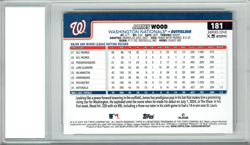 James Wood Rookie Card Washington Nationals Baseball Trading Card 2025 Topps #181 Certified Mint+