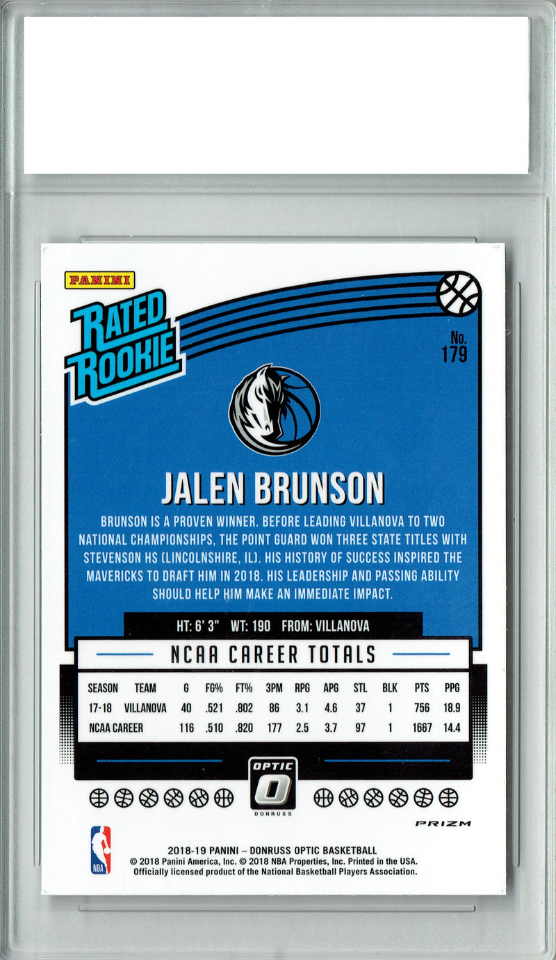 Jalen Brunson Rookie Card 2018 Donruss Optic #179 Shock Prizm Basketball Trading Card PGI 10 Gem Mint