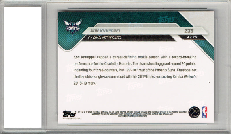 Kon Knueppel Rookie Card 2025 Topps Now #239 New Franchise Record Basketball Trading Card Charlotte Hornets Certified Mint+