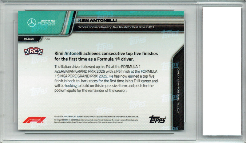 Kimi Antonelli 2025 Topps Now #68 F1 Top Five Rookie Card PGI 10 Gem Mint F1 Racing Collectible Card