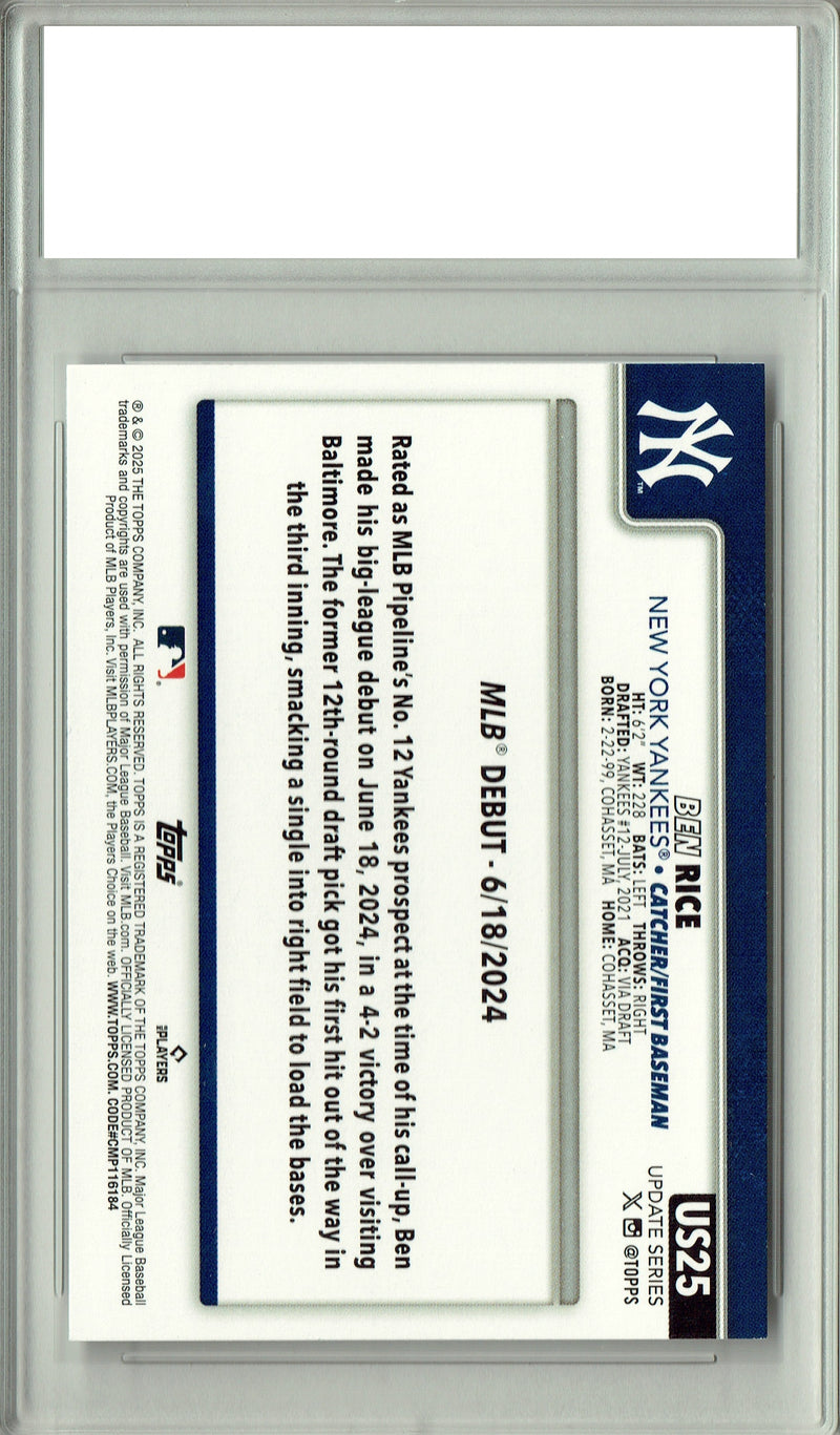 Ben Rice 2025 Topps #US25 Debut Rookie Card PGI 10 Gem Mint New York Yankees Pro Baseball Trading Card