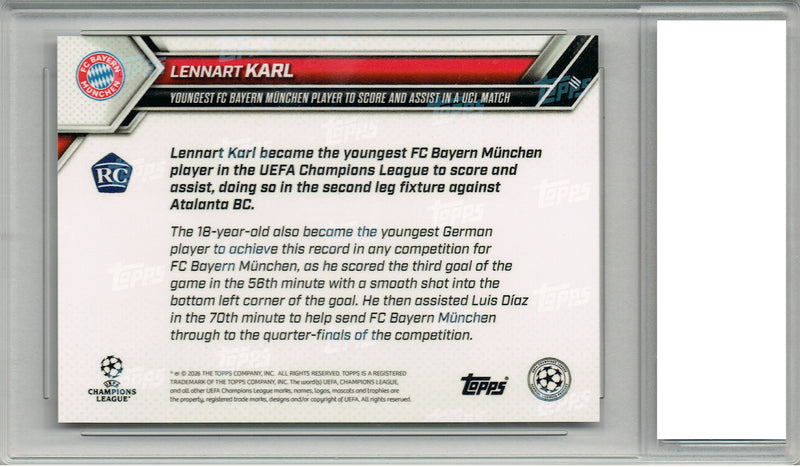 Lennart Karl Rookie Card 2025-26 Topps Now #111 Youngest to Score Soccer Trading Card PGI 10 Gem Mint