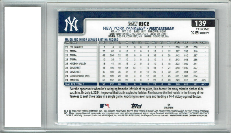 Ben Rice 2025 Topps Chrome #139c Rookie Card PGI 10 Gem Mint New York Yankees Pro Baseball Trading Card