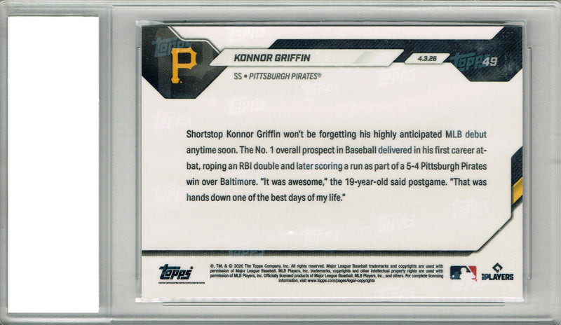 Konnor Griffin Rookie Card 2026 Topps Now #49 Gold Short Print #15/50 Pro Baseball Pirates Trading Card PGI 10 Gem Mint