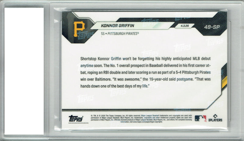 Konnor Griffin 2026 Rookie Card Topps Now #49-SP Image Variation Rare Baseball Pirates Trading Card PGI 10 Gem Mint