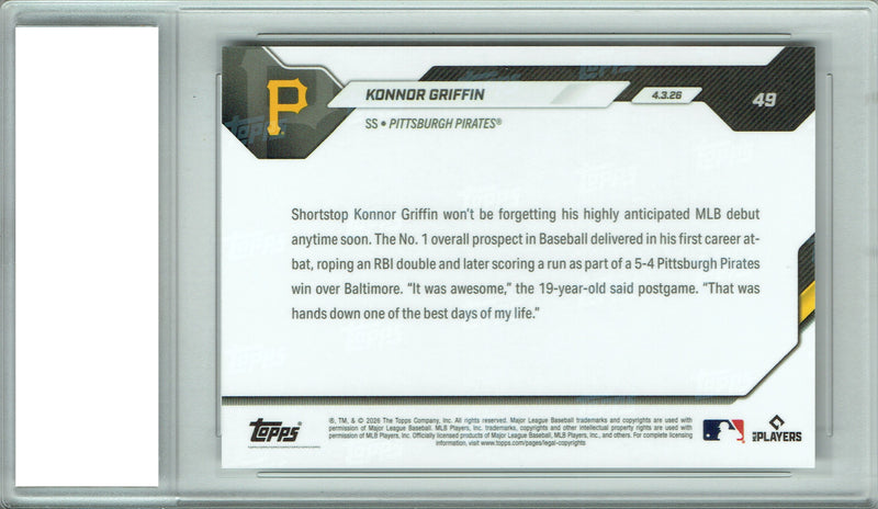 Konnor Griffin Rookie Card 2026 Topps Now #49 1st At Bat Double Pro Baseball Trading Card PGI 10 Gem Mint