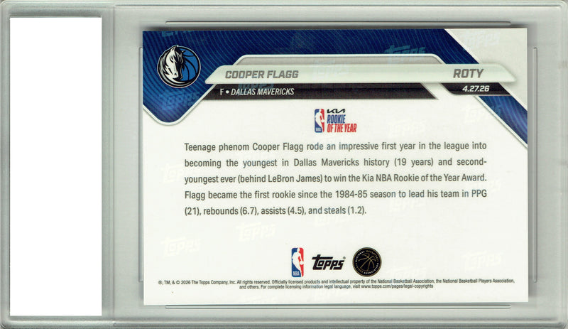 Cooper Flagg 2025 Topps Now #ROTY Rookie of the Year Rookie Card Dallas Mavericks PGI 10