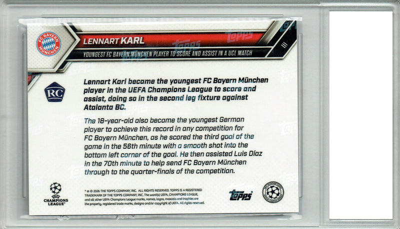 Lennart Karl Rookie Card FC Bayern Munchen Soccer Trading Card 2025 Topps Now #111 PGI 10 Gem Mint Orange Foil #15 of 25